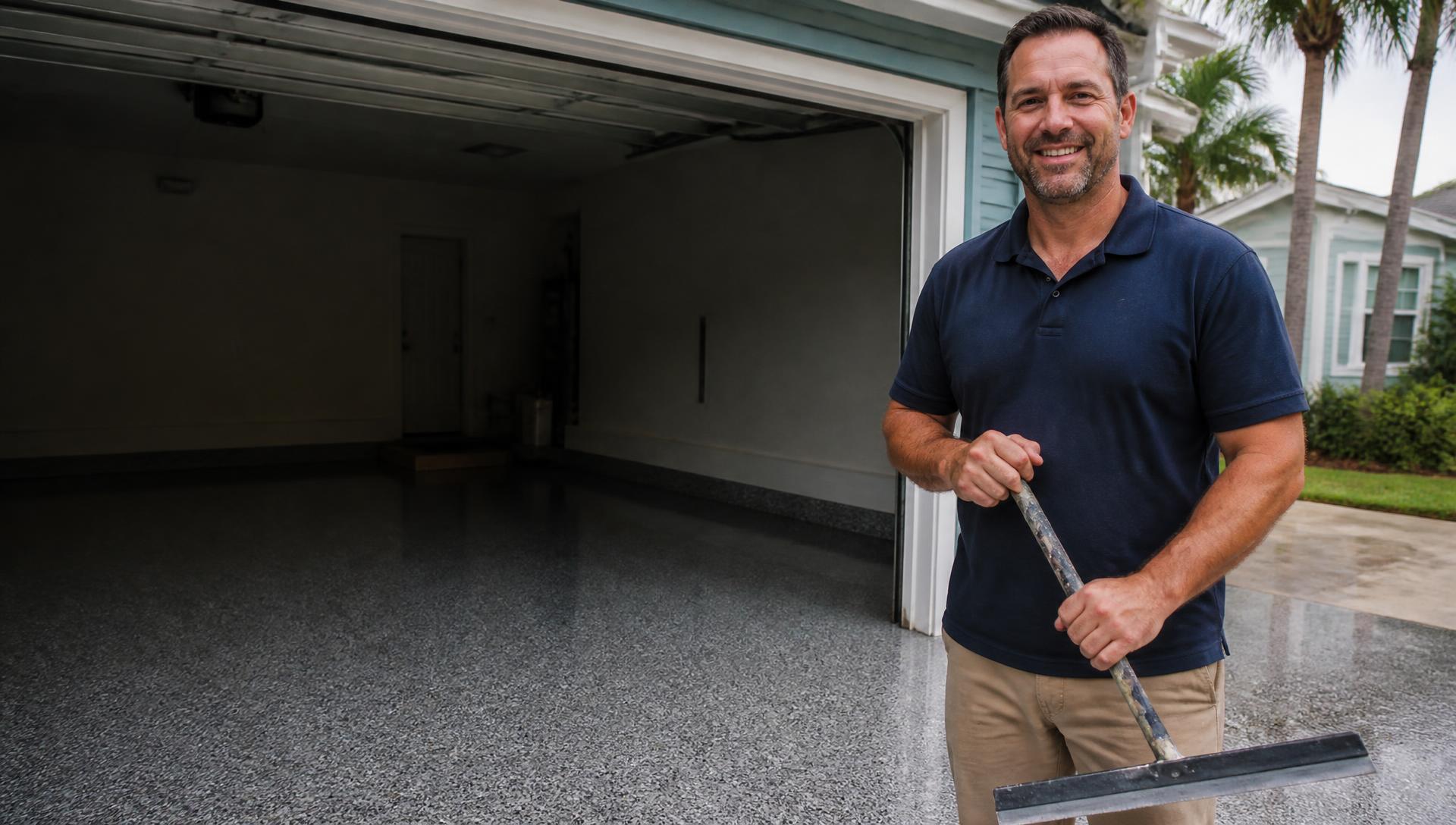 Flooring installer in a navy polo standing on a freshly installed blue, black and white flake epoxy garage floor at a coastal Myrtle Beach home